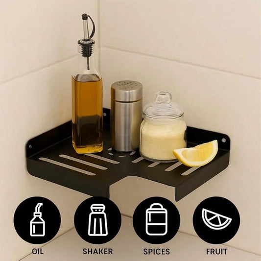 MettiQ black wall mounted bathroom corner shelf metal organizer