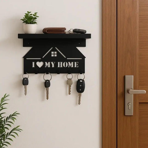 Wall-Mounted Key Holder with Shelf – “I Love My Home” Design