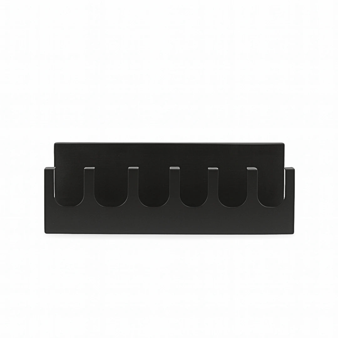 Wall-mounted metal hanger and shelf in matte black finish