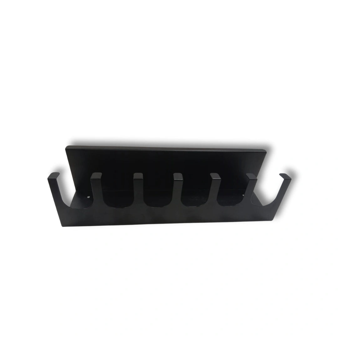 Wall-mounted metal hanger and shelf in matte black finish