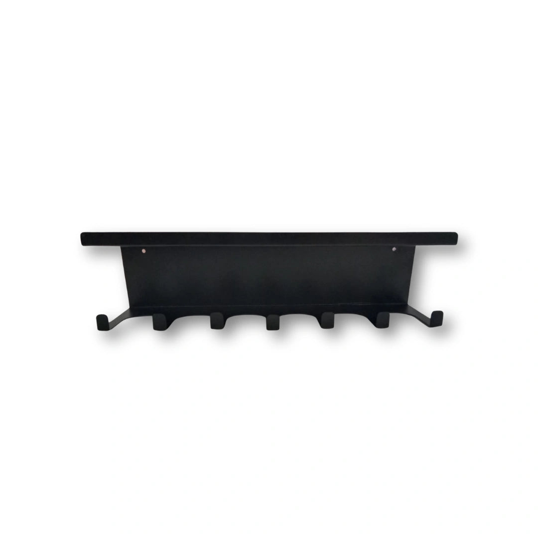 Wall-mounted metal hanger and shelf in matte black finish