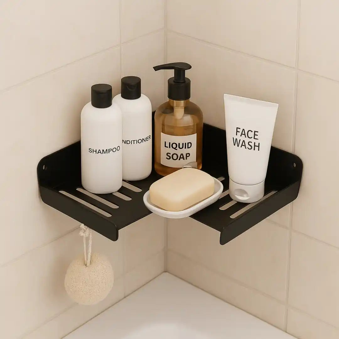 Black Wall-Mounted Bathroom Corner Shelf