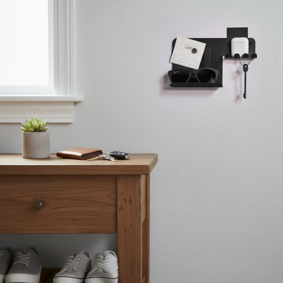 Matte Black Wall Organizer – Metal Key & Accessories Holder with Shelf
