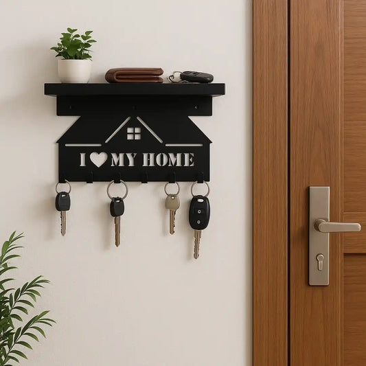 Wall-Mounted Key Holder with Shelf – “I Love My Home” Design