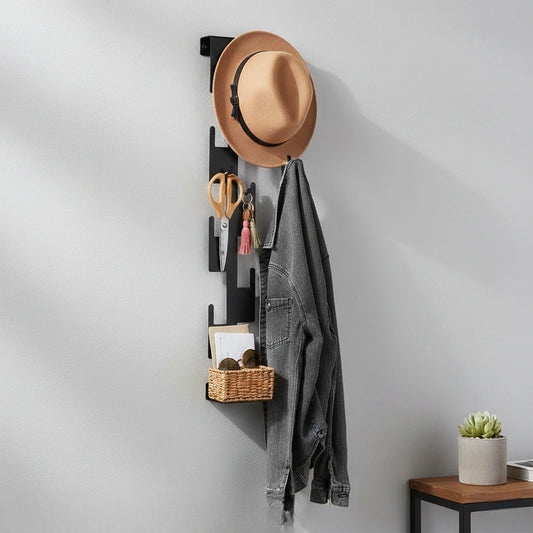 Wall-mounted hooks and pegs rack in matte black metal by MettiQ