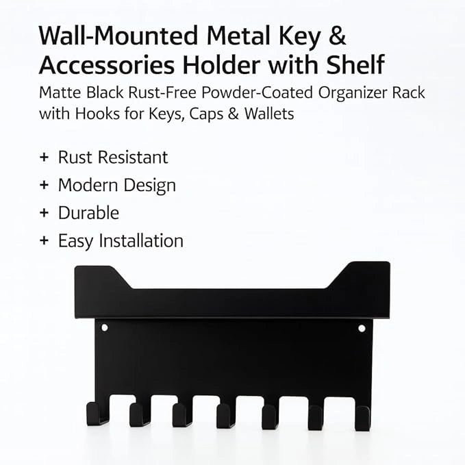 MettiQ wall mounted metal key holder with shelf in matte black finish