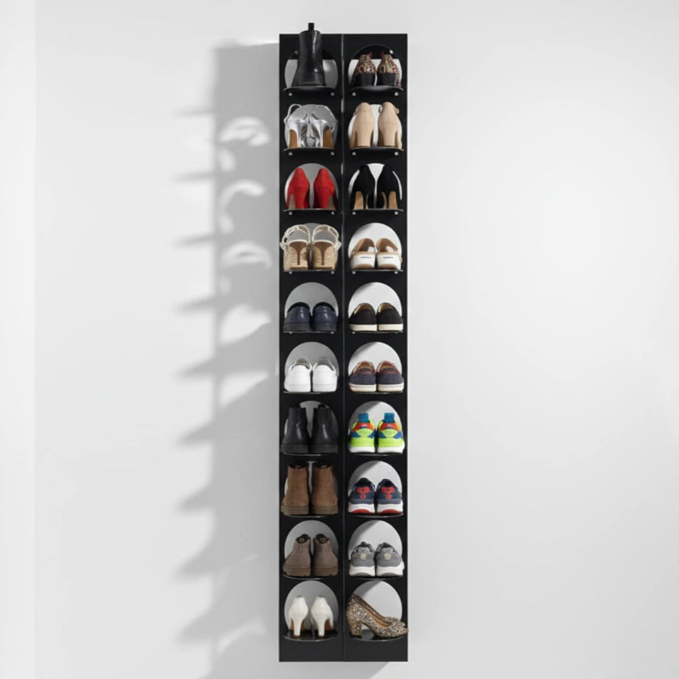 Wall-mounted metal shoe rack in matte black finish by MettiQ