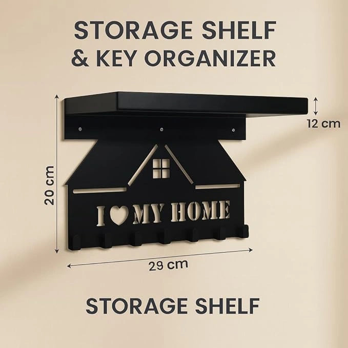 MettiQ 2-in-1 wall mounted metal key holder with shelf in matte black finish